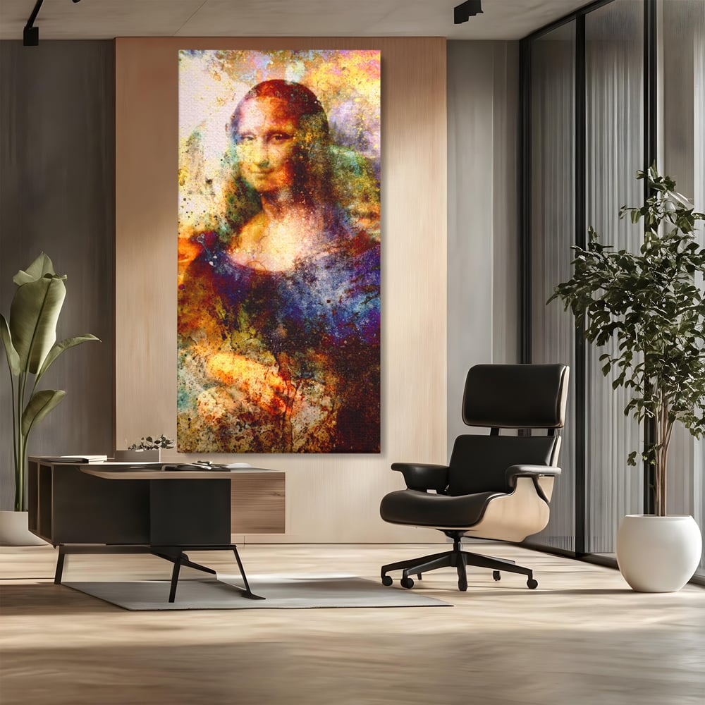 Tablou canvas cu tablou canvas cu mona lisa in culori vibrante, fara rama, pe sasiu de lemn, pe perete intr-un birou